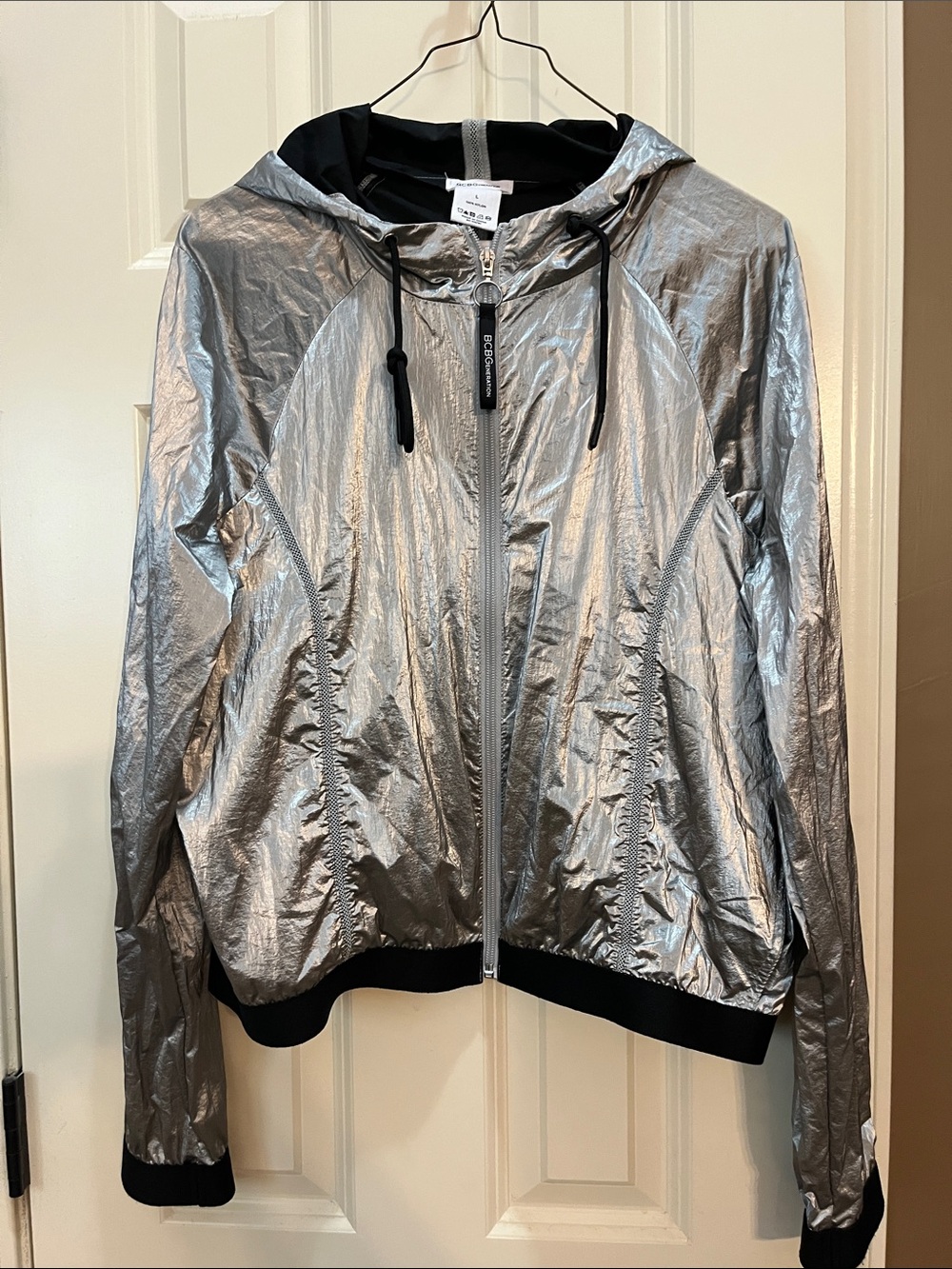 BCBGeneration Silver Metallic Hooded Running Jacket with Black Trim Large